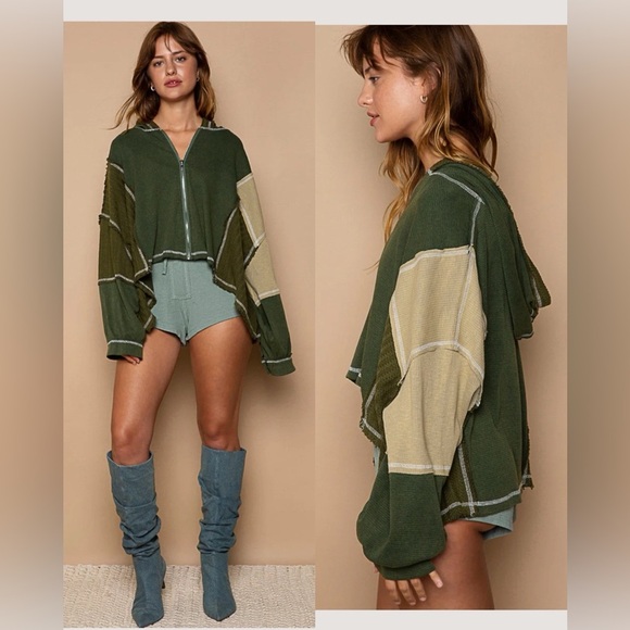 POL Tops - POL Raw Edge Full zip Hooded Sweatshirt Bohemian Oversized Chic , size M